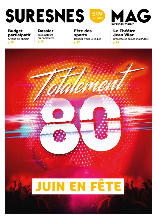 Le Suresnes Mag de juin 2023 (numéro 349) plonge les lecteurs dans une ambiance rétro et festive avec le thème "Totalement 80". La couverture éclatante annonce un retour énergique aux années 1980, marquant un mois de juin rythmé par des événements emblématiques comme la Fête des sports et une série d’activités locales. Ce numéro fait également la part belle à la participation citoyenne avec le budget participatif, ainsi qu’à la vitalité du commerce suresnois et la nouvelle programmation du Théâtre Jean Vilar pour la saison 2023/2024. Une célébration joyeuse de la communauté et de la culture locale, sur fond de musique et d’énergie des années 80.