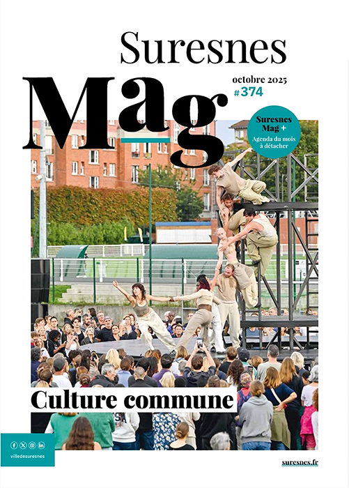 Couverture du magazine Suresnes Mag n°374 d’octobre 2025, avec une photo d’un spectacle en plein air montrant des danseurs sur une structure métallique devant un public nombreux.