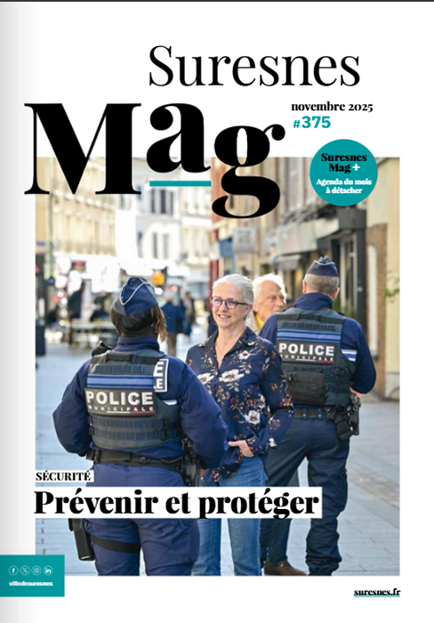 Couverture du magazine Suresnes Mag n°375 de novembre 2025, avec en une une passante souriante échangeant avec des agents de la police municipale dans une rue piétonne. Titre : ‘Sécurité – Prévenir et protéger’