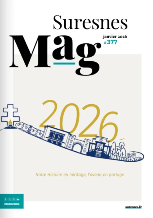 Couverture du magazine municipal « Suresnes Mag », numéro 377, janvier 2026, avec l’inscription « 2026 » et une illustration stylisée des bâtiments emblématiques de la ville.
