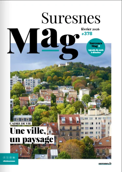 Couverture du magazine municipal « Suresnes Mag », numéro 378, février 2026. Vue de Suresnes avec le Mont Valérien en arrière-plan. Titre : « Une ville, un paysage ».