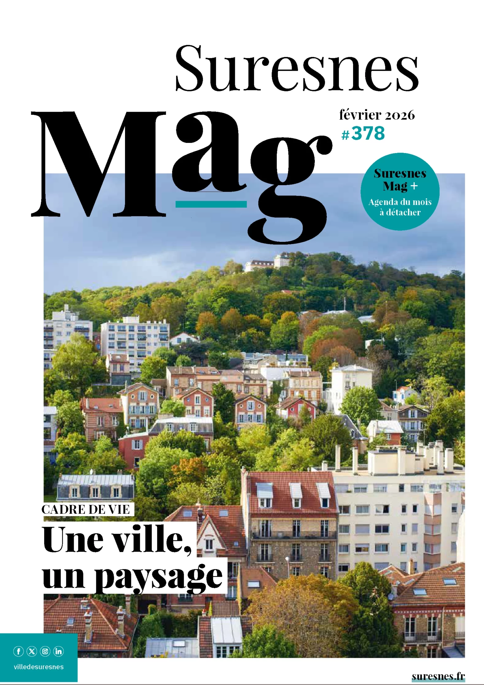 Couverture de Suresnes Mag n°377 (janvier 2026) illustrant l’année 2026 et des symboles de la ville de Suresnes.