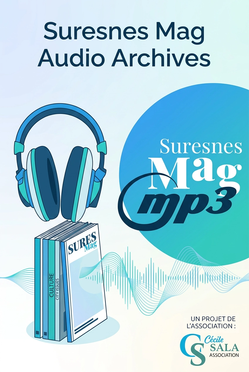 Illustration des archives audio de Suresnes Mag avec casque, magazines et ondes sonores.