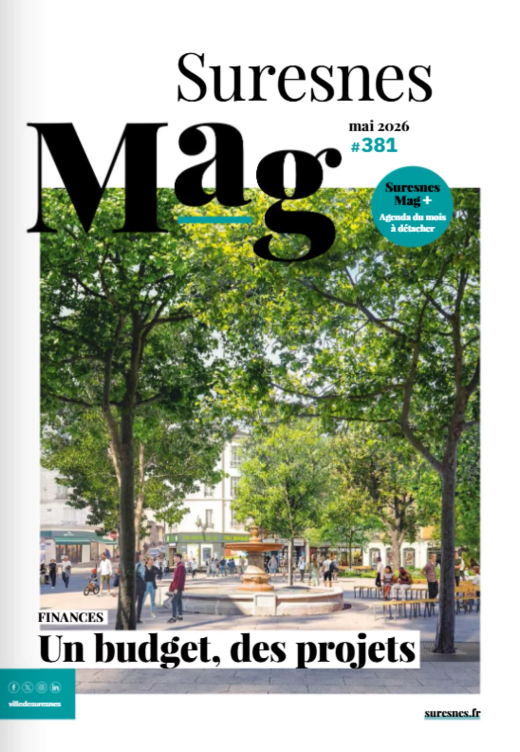 Couverture du magazine municipal Suresnes Mag, numéro 381, mai 2026. Le dossier principal est consacré au budget 2026 avec le titre : Un budget, des projets.