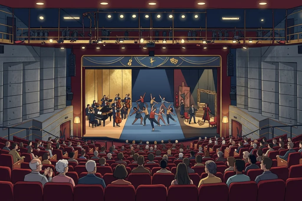 Illustration d’une saison artistique et culturelle avec spectacle vivant, musique et danse dans une salle de théâtre.