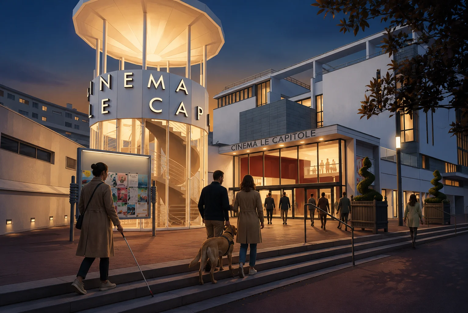 Illustration du cinéma Le Capitole à Suresnes en soirée, avec façade éclairée et visiteurs entrant dans le bâtiment.