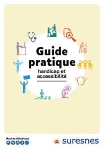 Couverture du guide pratique « Handicap et accessibilité » de la ville de Suresnes, avec pictogrammes illustrant différents types de handicap et d’accessibilité