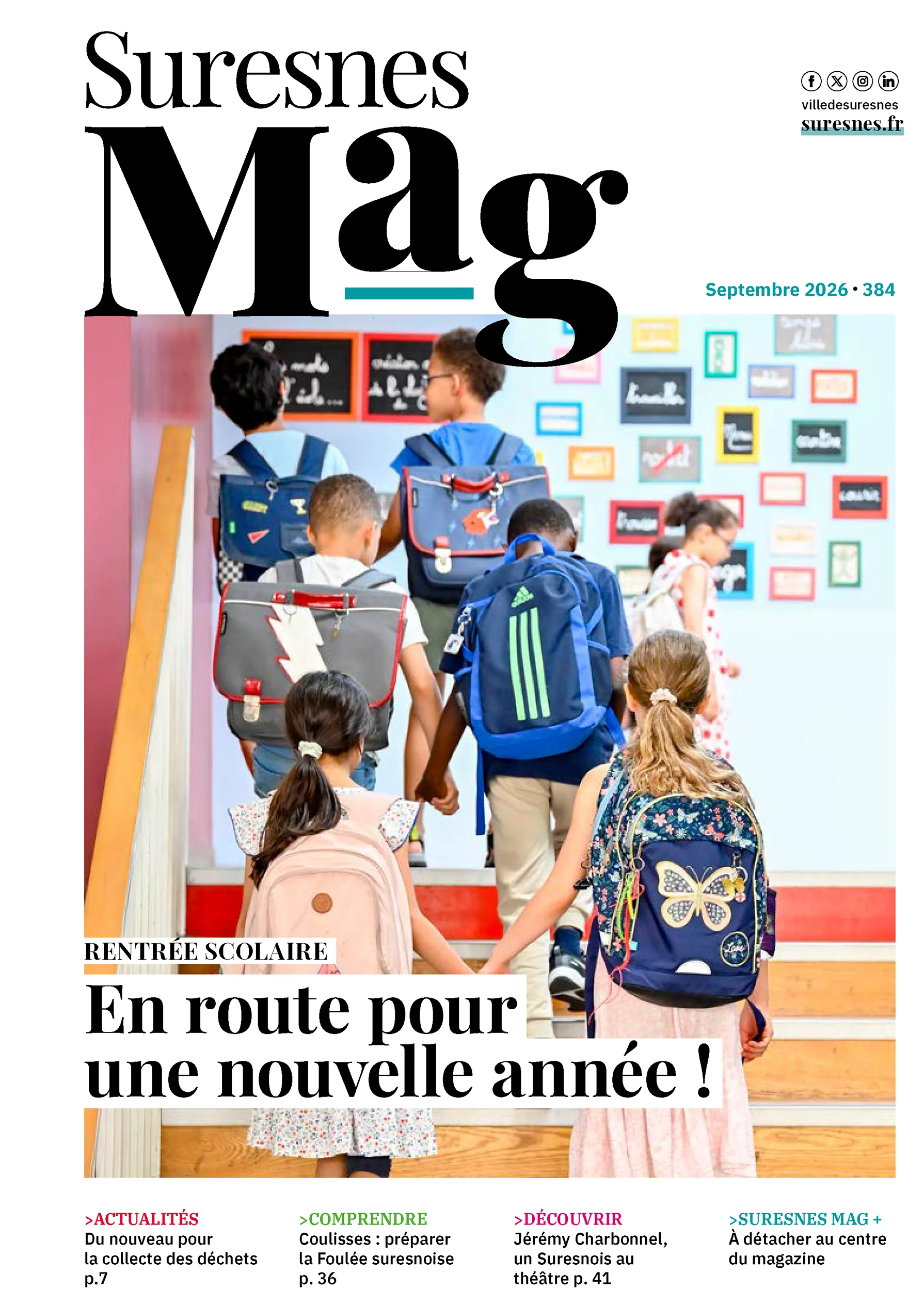 Couverture du Suresnes Mag n°384 de septembre 2026 : plusieurs enfants portant des cartables montent les marches d’une école.