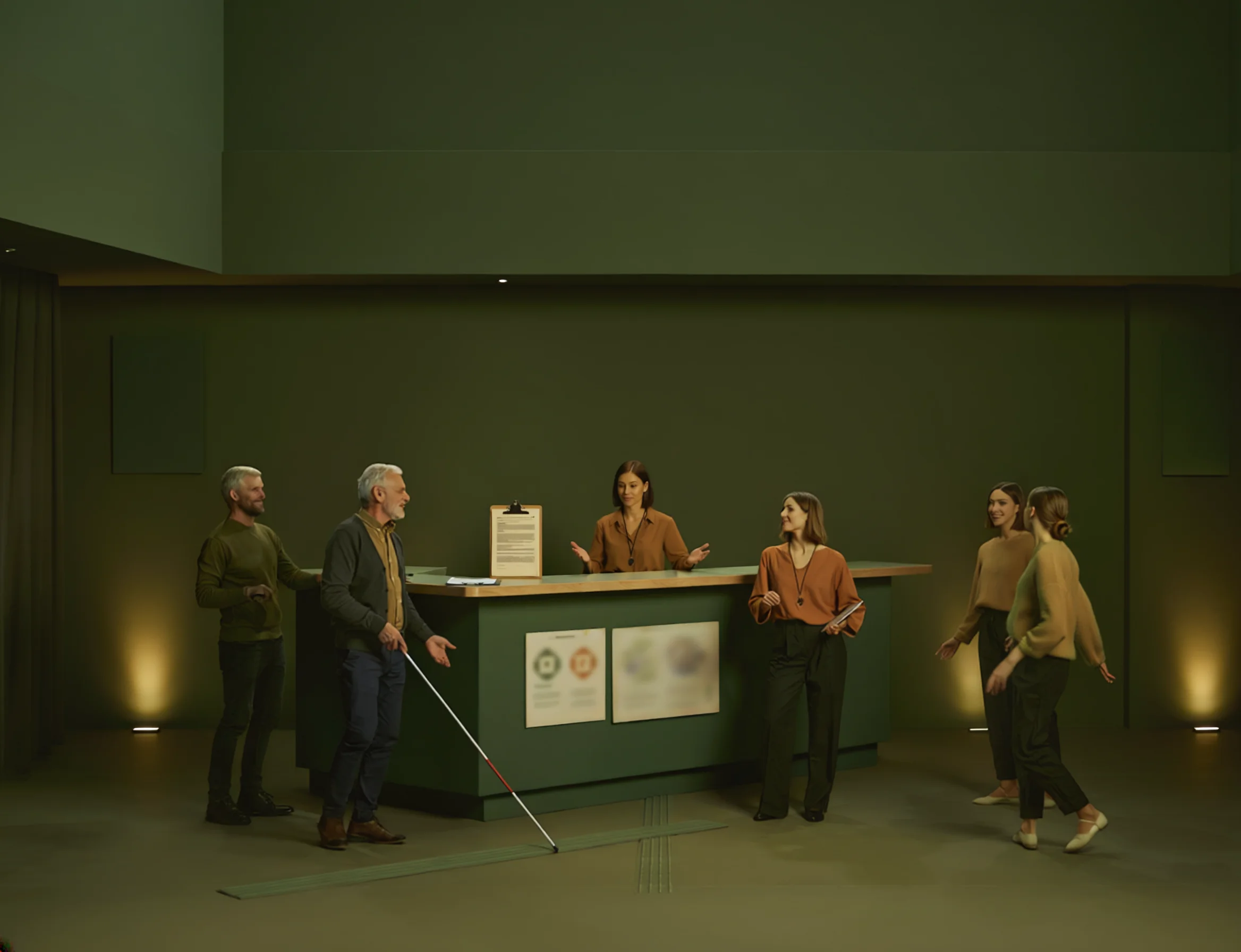 Mise en situation d’accueil d’une personne déficiente visuelle avec une canne blanche face à des agents municipaux.