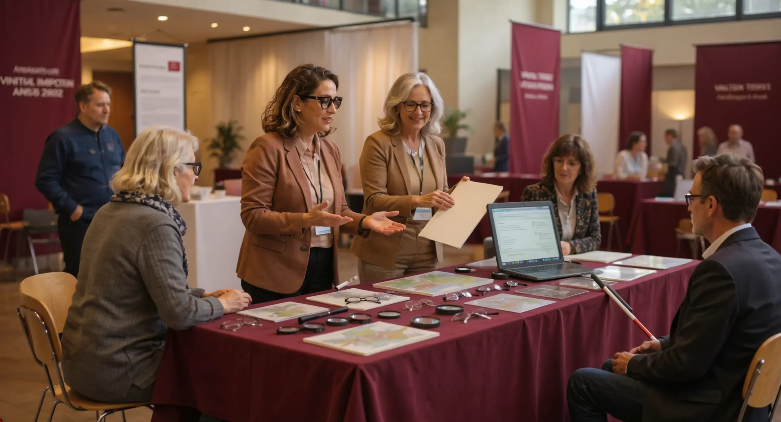 Stand de sensibilisation au handicap visuel lors d’un événement, avec présentation de matériel adapté.