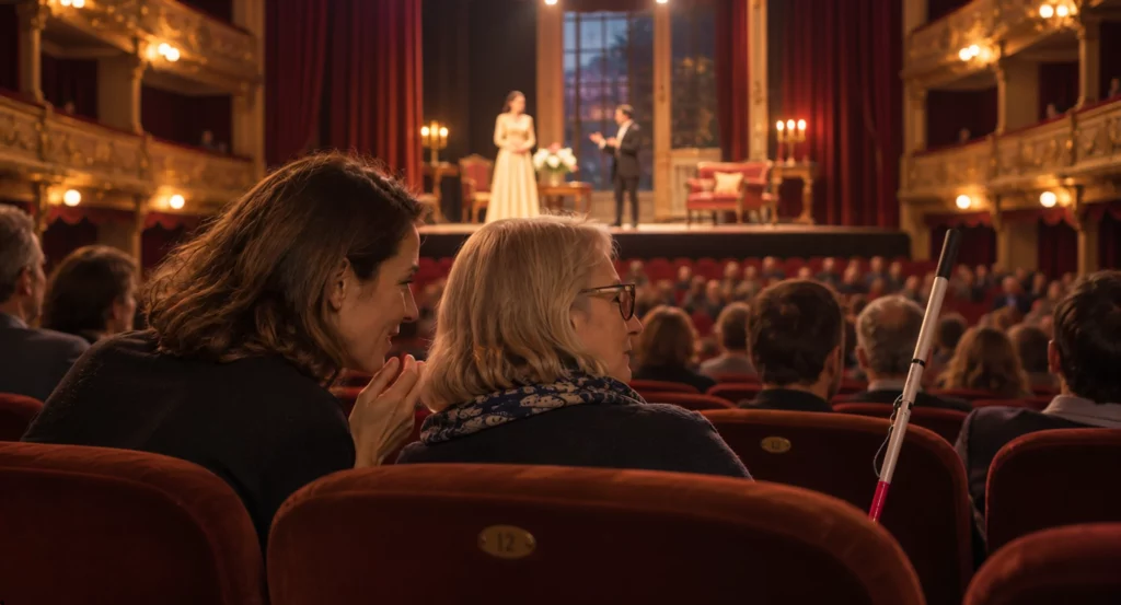 Une spectatrice déficiente visuelle assise au théâtre écoute la description de la scène par une bénévole.